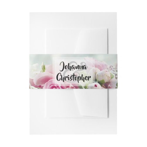 Pink Pastel Roses Bold Script Wedding Invitation Belly Band