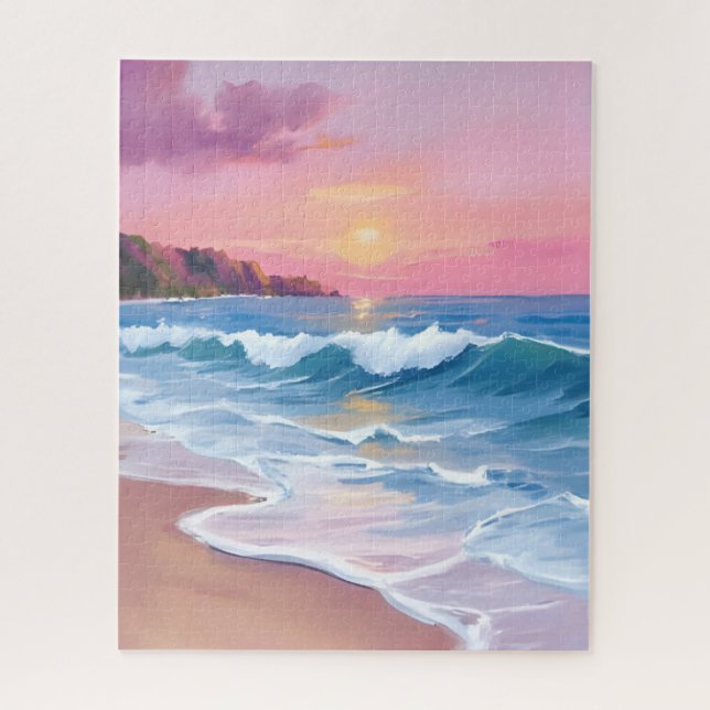 Pink Pastel Skies | Ocean Watercolor Beach Waves Jigsaw Puzzle (Vertical)
