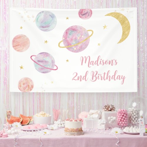 Pink Pastel Two the Moon Space Birthday Banner