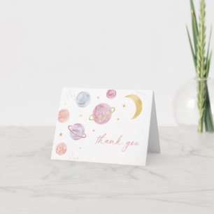 Pink Pastel Two the Moon Space Birthday Letterpress Thank You Card
