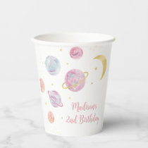 Pink Pastel Two the Moon Space Birthday Paper Cups