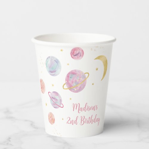 Pink Pastel Two the Moon Space Birthday Paper Cups