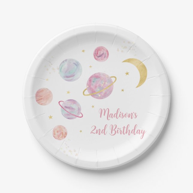 Pink Pastel Two the Moon Space Birthday Paper Plates (Front)