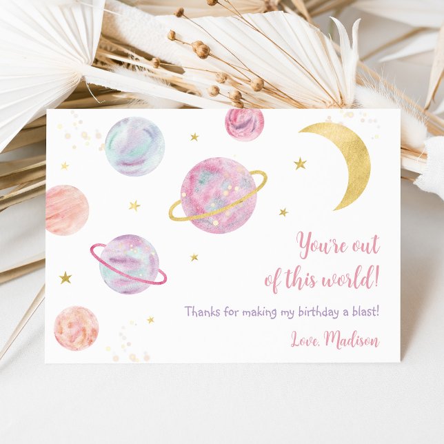 Pink Pastel Two the Moon Space Birthday Thank You Card (Creator Uploaded)