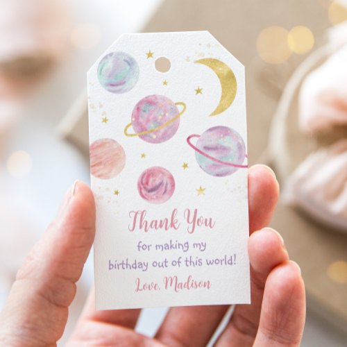 Pink Pastel Two the Moon Space Birthday Thank You Gift Tags