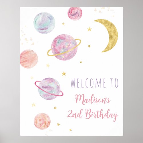 Pink Pastel Two the Moon Space Birthday Welcome Poster