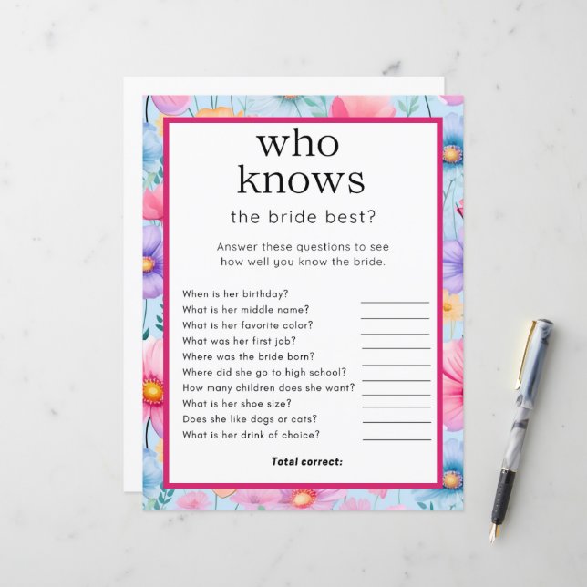 Pink Pastel Watercolor Bridal Shower Party Game (Front/Back In Situ)