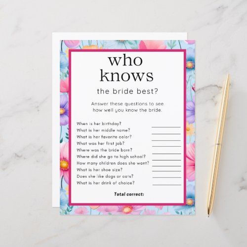 Pink Pastel Watercolor Bridal Shower Party Game