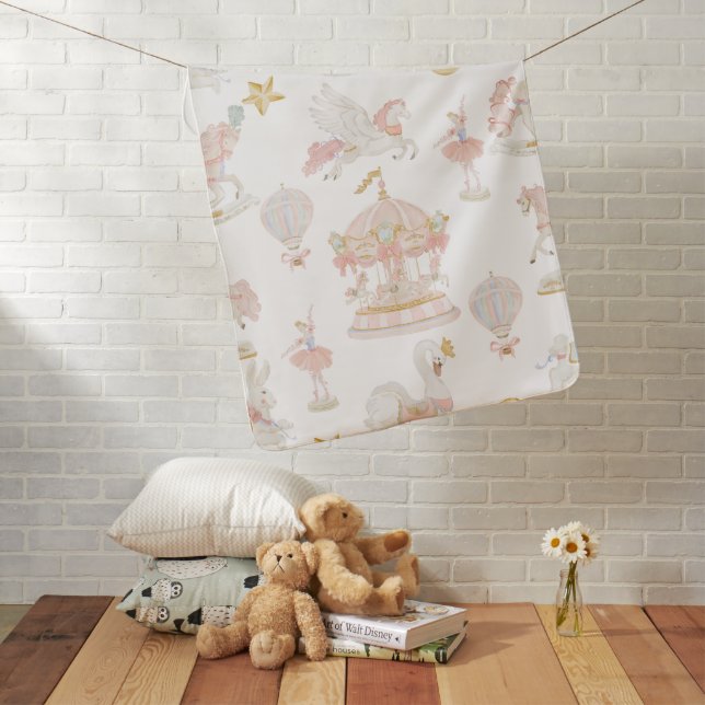 Pink Pastel Watercolor Carousel Merry go round Baby Blanket (In Situ)