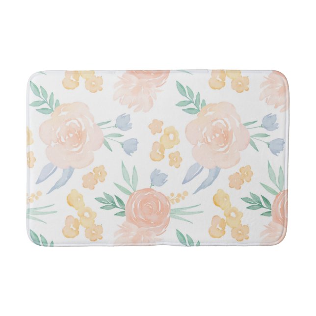 Pink Pastel Watercolor Floral Personalized Bath Mat (Front)