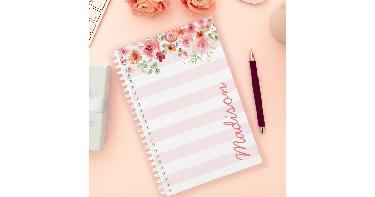 Pink Pastel Watercolor Floral Stripe Personalized Planner | Zazzle