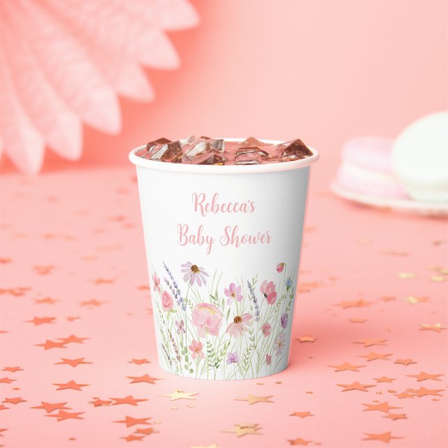 Pink Pastel Wildflower Baby Shower Paper Cups (Insitu)