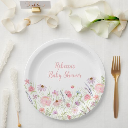 Pink Pastel Wildflower Baby Shower Paper Plates