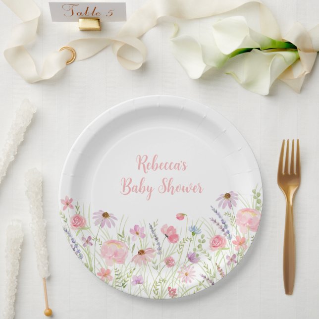 Pink Pastel Wildflower Baby Shower Paper Plates (Wedding)