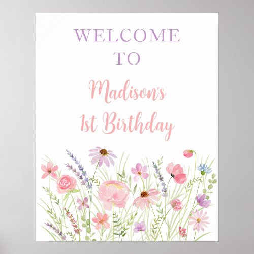 Pink Pastel Wildflower Meadow Baby Shower Welcome Poster