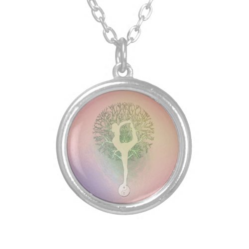 Pink Pastel Yoga Tree Silver Plated Necklace