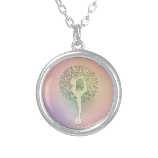 Pink Pastel Yoga Tree Silver Plated Necklace (Front)