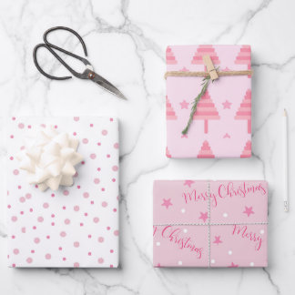Pink Pastels Coordinated Christmas Set of 3 Wrapping Paper Sheets