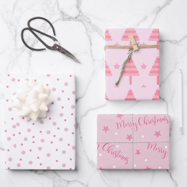 Pink Pastels Coordinated Christmas Set of 3 Wrapping Paper Sheets (Front)