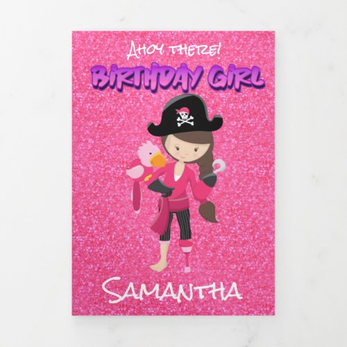 Pink Pastle Glitter  Pirate Girl 1st Birthday Tri_Fold Card