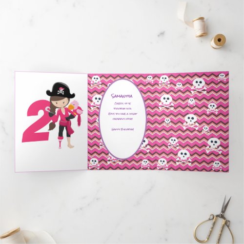 Pink Pastle Glitter  Pirate Girl 2nd Birthday Tri_Fold Card