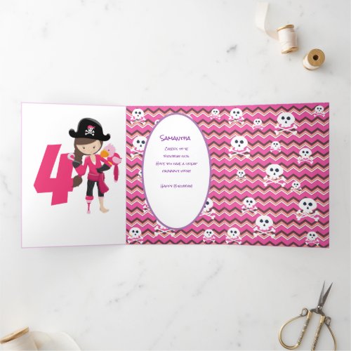 Pink Pastle Glitter  Pirate Girl 4th Birthday Tri_Fold Card