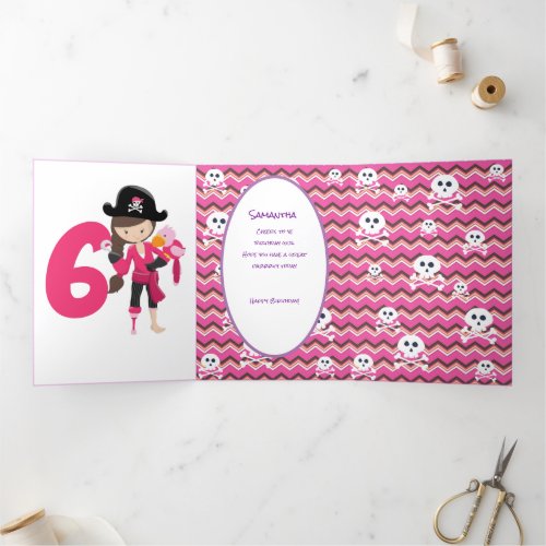 Pink Pastle Glitter  Pirate Girl 6th Birthday   Tri_Fold Card