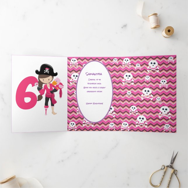 Pink Pastle Glitter  Pirate Girl 6th Birthday   Tri-Fold Card (Inside)