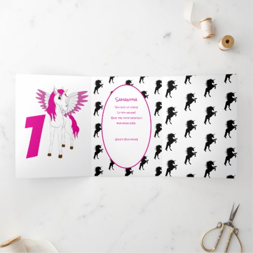 Pink Pastle Glitter  Unicorn 1st Birthday  Tri_Fold Card