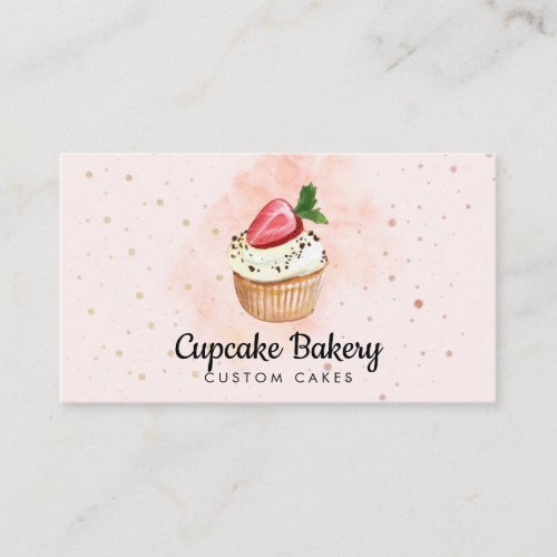 Pink Pastry Watercolor Strawberry Cupcake Business Card