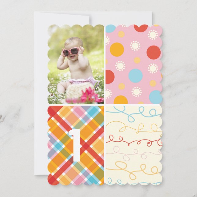 Pink Patchwork Dot Pattern Girl Photo 1st Birthday Invitation (Front)