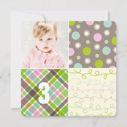 Pink Patchwork Pattern Squares Girl Photo Birthday Invitation