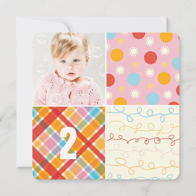 Pink Patchwork Pattern Squares Girl Photo Birthday Invitation (Front)