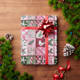 Pink Patchwork Quilt With A Bird And Holly Leaves Wrapping Paper