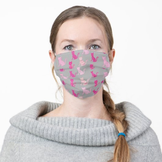 Pink Pattern Cat Lovers on Gray Adult Cloth Face Mask (Worn)