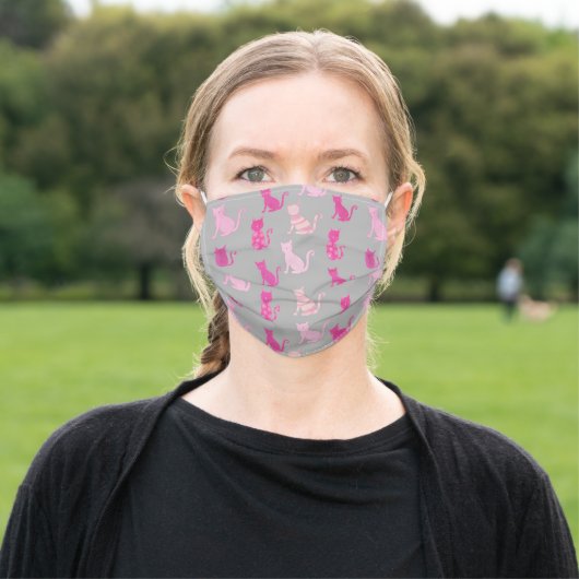 Pink Pattern Cat Lovers on Gray Adult Cloth Face Mask (Outside)