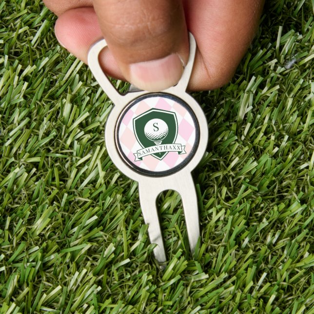 Pink Pattern Modern Golfer Name Initial Monogram Divot Tool (Insitu 1)