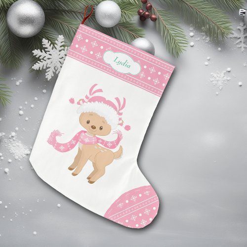 Pink Pattern Santa Deer with Scarf Large Christmas Stocking