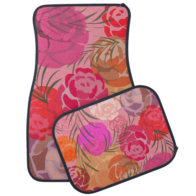 Pink pattern with flowers and plants car floor mat (Set)