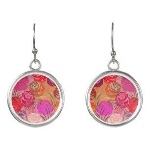 Pink pattern with flowers and plants earrings