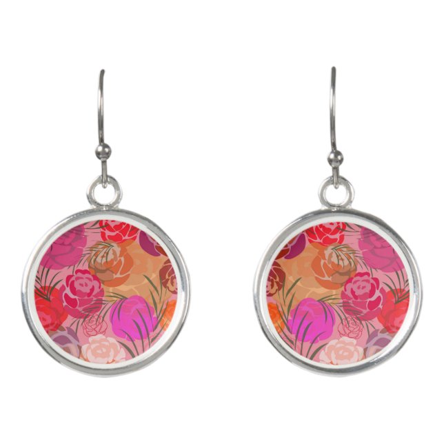 Pink pattern with flowers and plants earrings (Front)