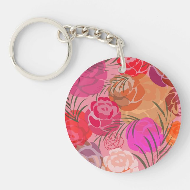 Pink pattern with flowers and plants keychain (Front)