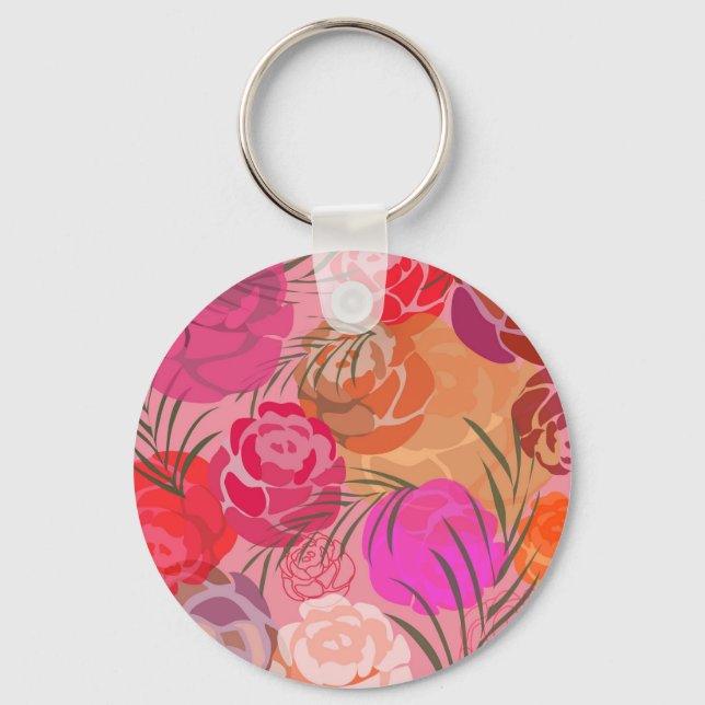 Pink pattern with flowers and plants keychain (Front)