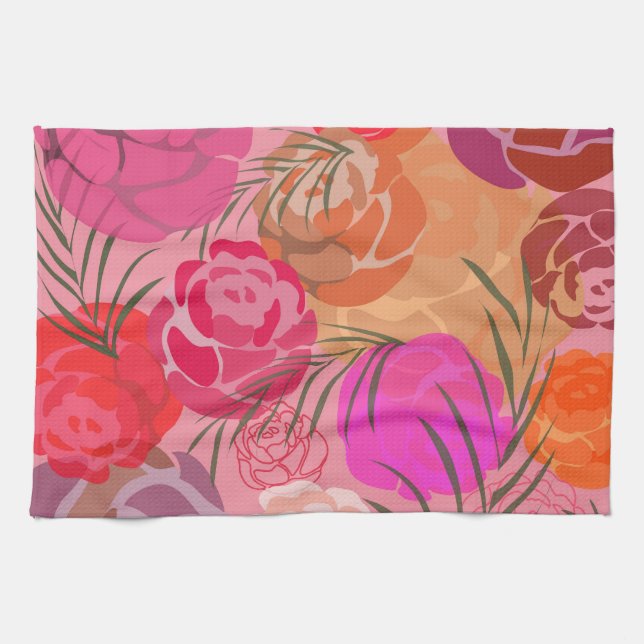 Pink pattern with flowers and plants kitchen towel (Horizontal)