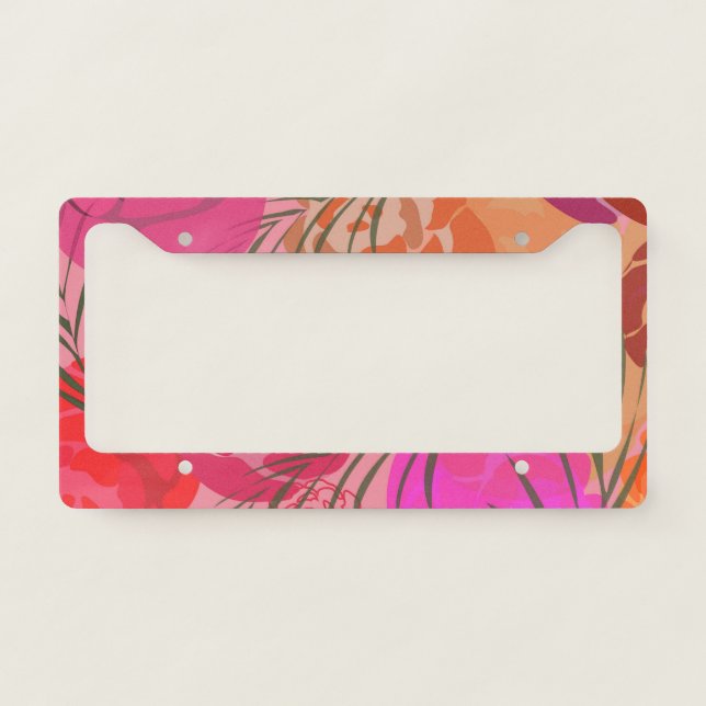 Pink pattern with flowers and plants license plate frame (Front)
