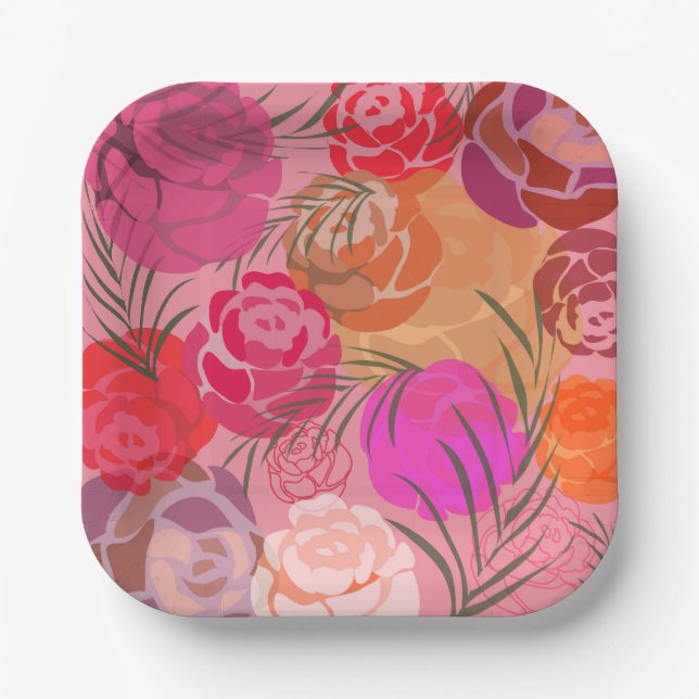 Pink pattern with flowers and plants napkins paper plates (Front)