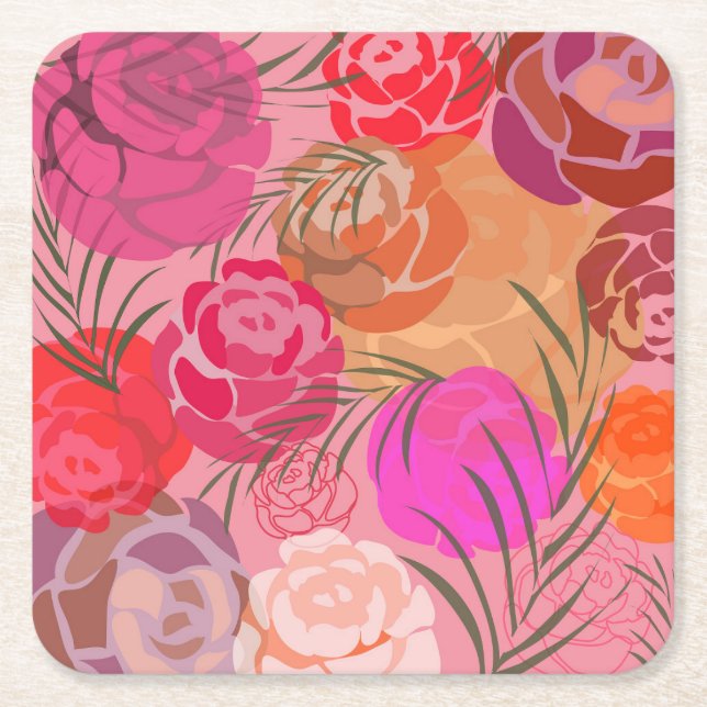 Pink pattern with flowers and plants napkins square paper coaster (Front)