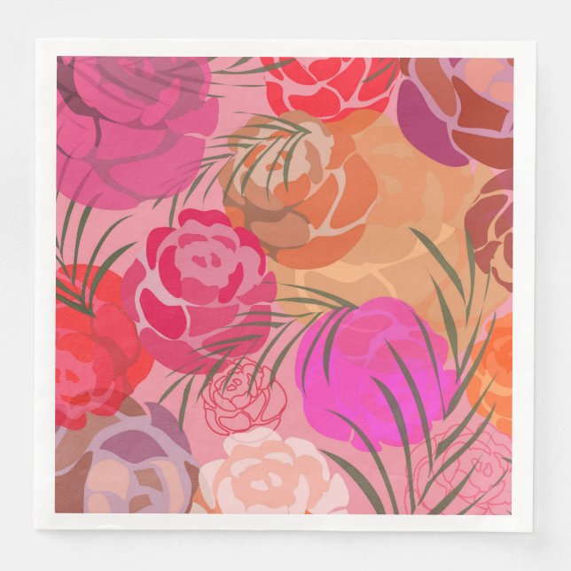 Pink pattern with flowers and plants paper dinner napkins (Front)