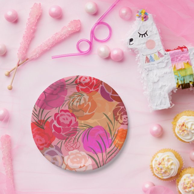 Pink pattern with flowers and plants paper plates (Party)