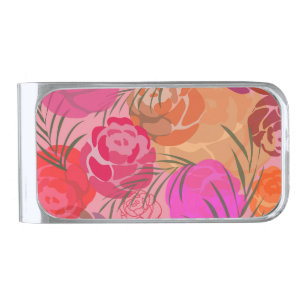 Pink pattern with flowers and plants silver finish money clip